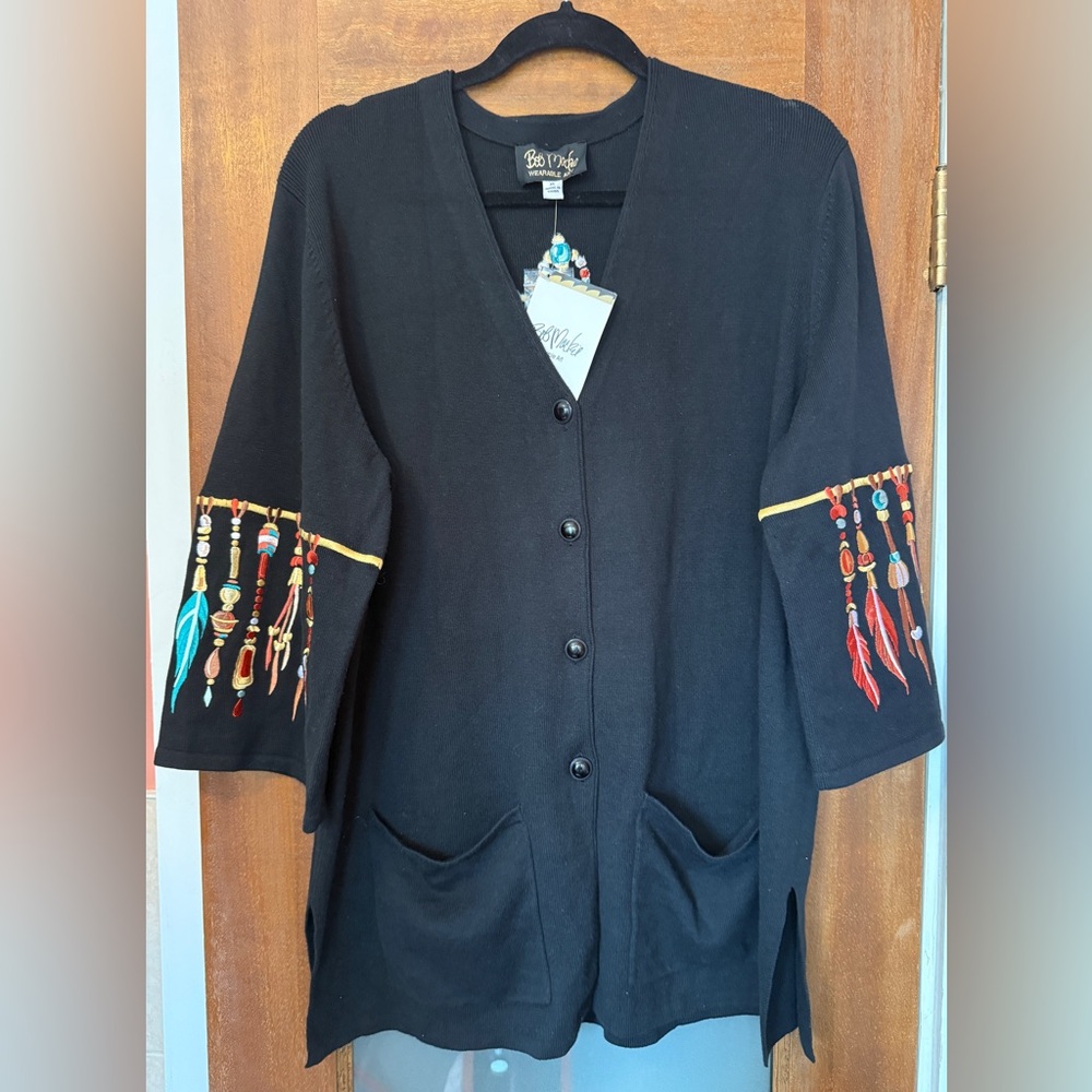 Bob Mackie Women’s Black Wearable Art Feather Cardigan Sweater Dream Catcher